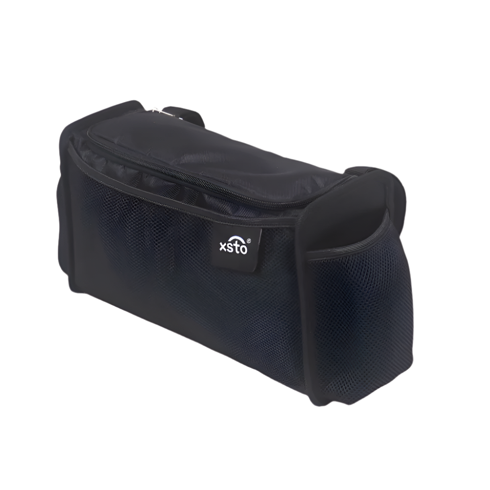 black bag with xsto logo in white and zipper